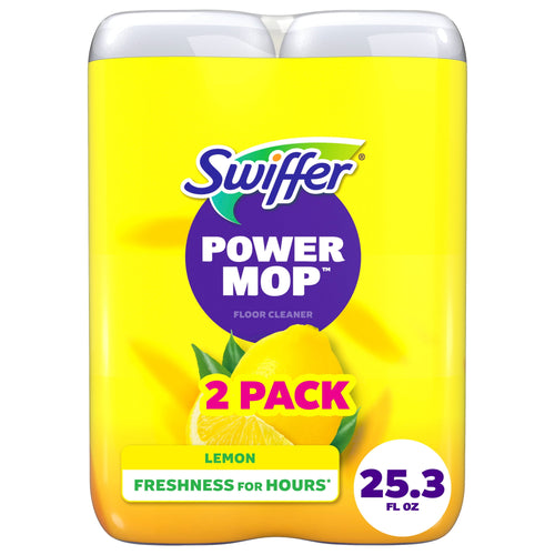Close-up of two-pack Swiffer Power Mop lemon-scent floor cleaner bottles with bright yellow label
