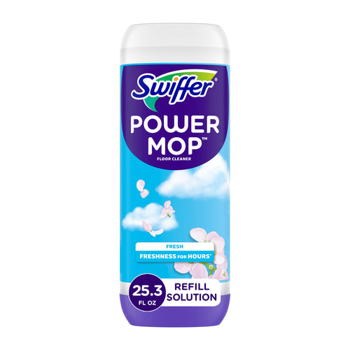 Tall Swiffer Power Mop refill bottle with blue sky and flower label on white background