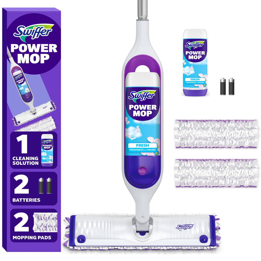 Product set flat lay showing a Swiffer Power Mop, cleaning solution bottle, two batteries and two white-and-purple mopping pads on white background