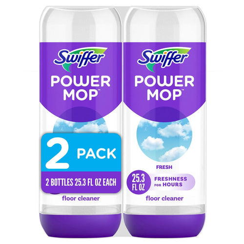 Two Swiffer Power Mop floor cleaner refill bottles side-by-side with purple label and cloud graphic, front view.