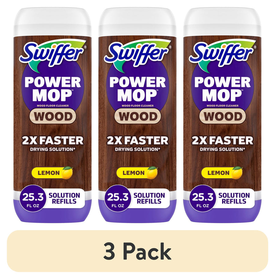 Three Swiffer Power Mop Wood solution refill bottles in lemon scent shown side by side with a 3 Pack label