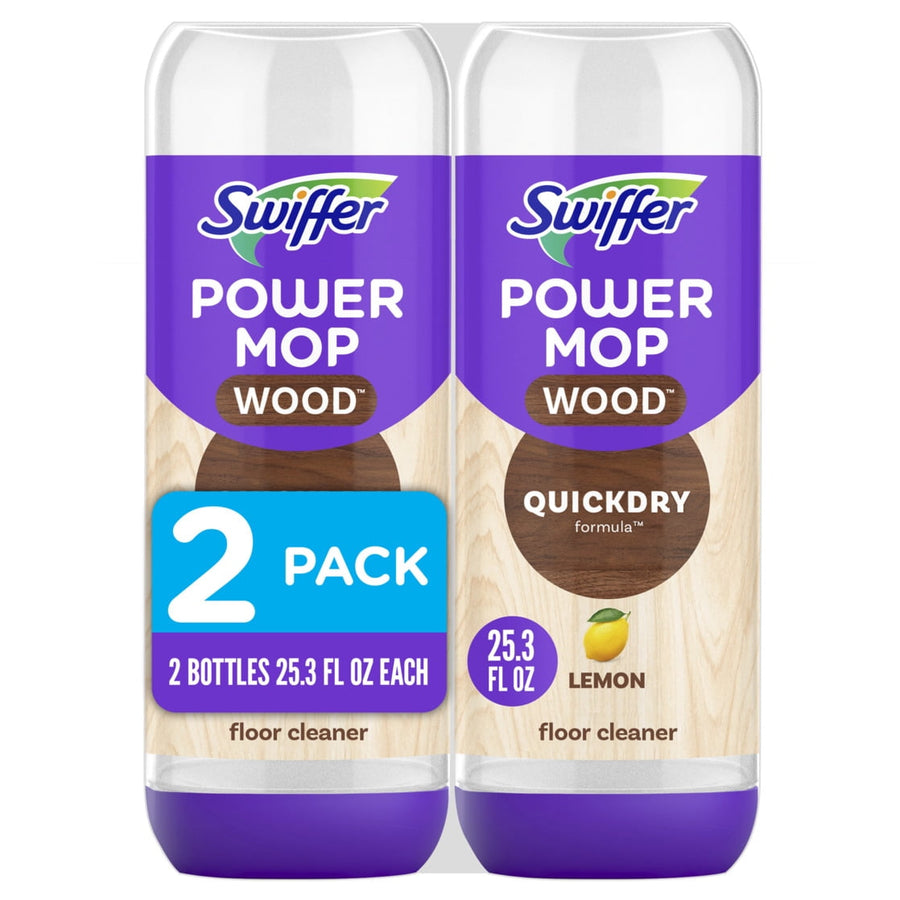 Two Swiffer Power Mop Wood lemon-scented refill bottles shown side-by-side with a blue 2-pack badge and purple caps.