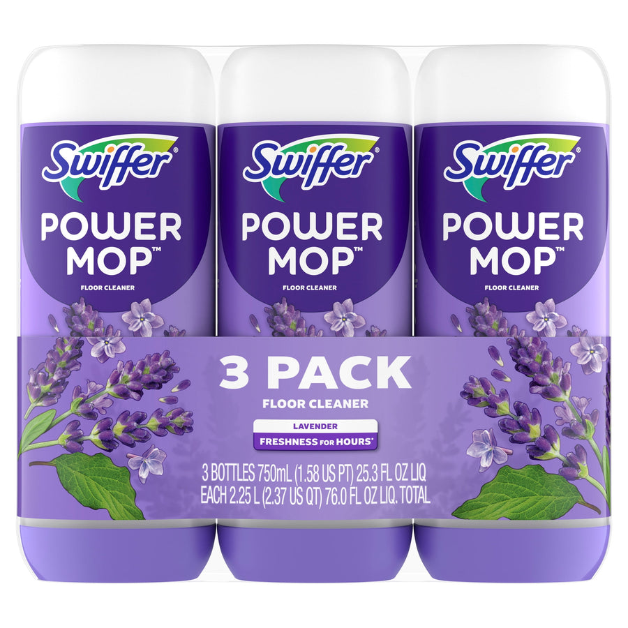 Three-pack of Swiffer PowerMop lavender floor cleaner bottles with lavender graphics and purple packaging