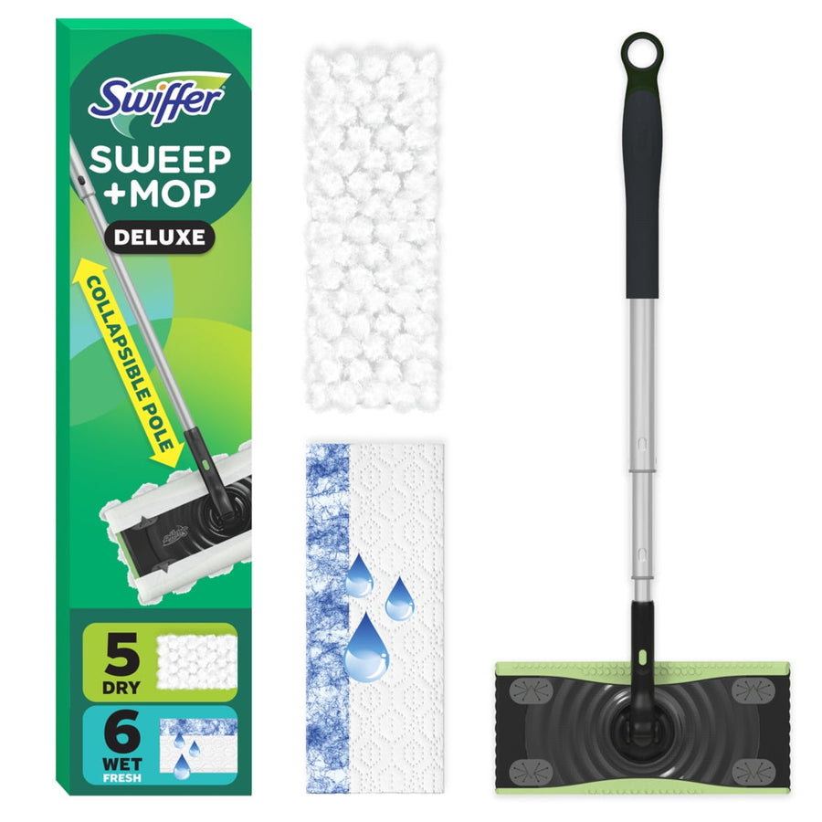 Swiffer Sweep + Mop Deluxe kit layout showing mop head, pole and dry/wet refills