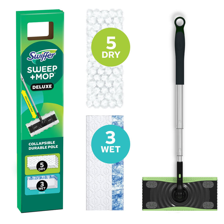 Swiffer Sweep + Mop Deluxe kit packaging and product layout showing handle, mop head and dry/wet pad graphics