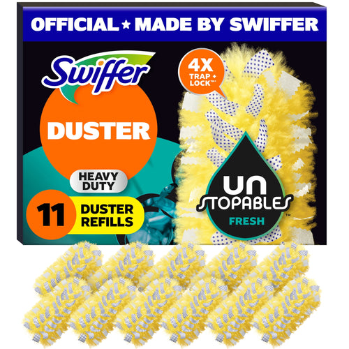 Boxed Swiffer Duster refills with yellow Unstopables refill pieces displayed in front