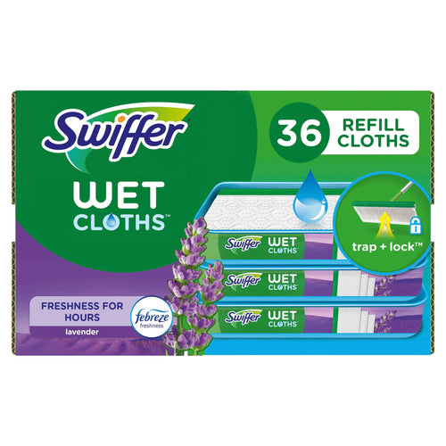 Boxed Swiffer Wet Cloths lavender refill package showing brand logo, lavender sprigs and '36 refill cloths' callout
