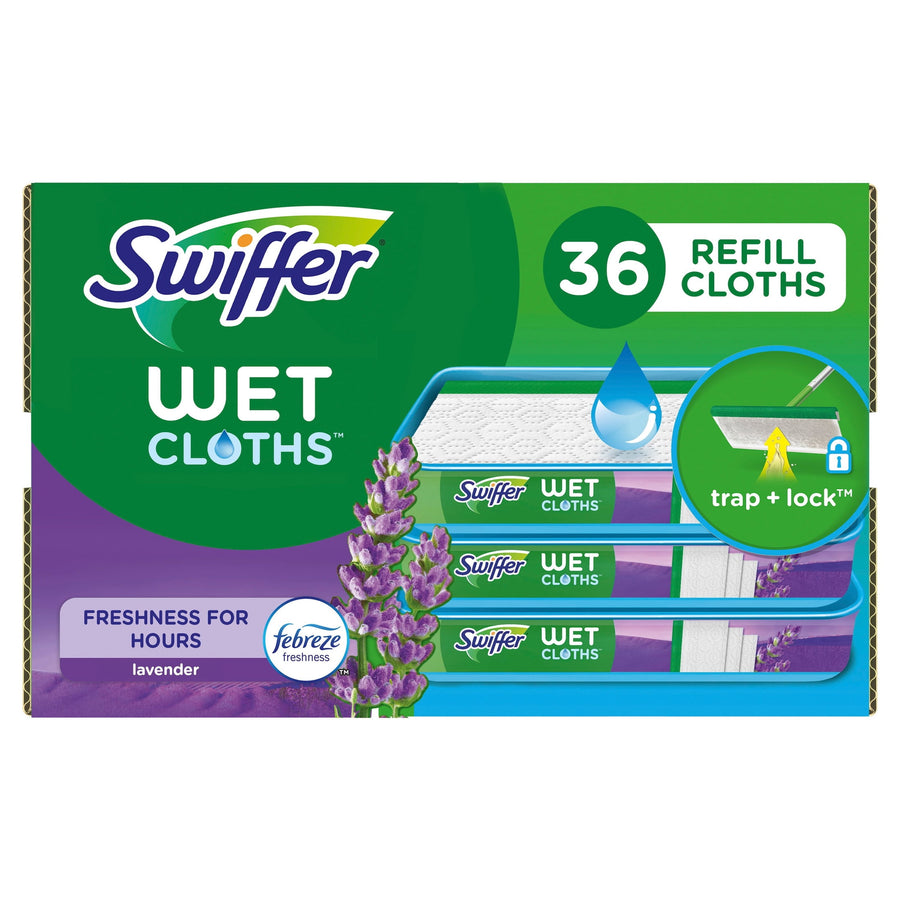 Boxed Swiffer Wet Cloths lavender refill package showing brand logo, lavender sprigs and '36 refill cloths' callout