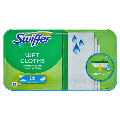 Packaged Swiffer Wet Cloths container with green branding, product name and water-drop graphic on label.