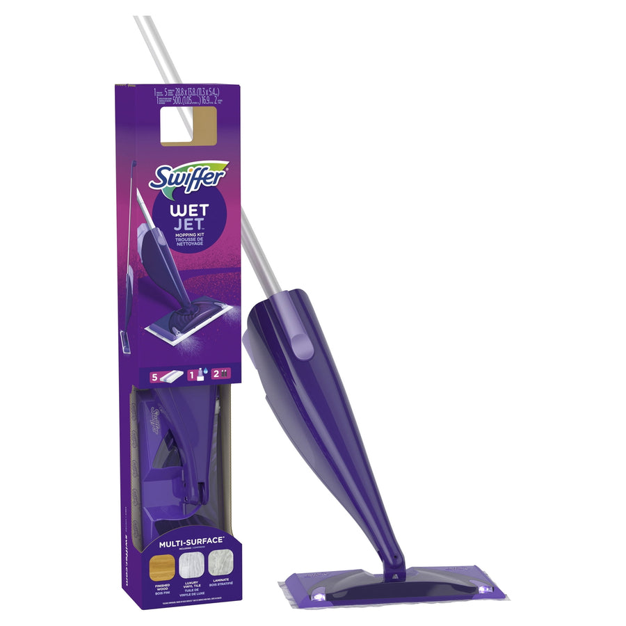 Purple Swiffer WetJet mop shown assembled next to its tall retail packaging box on a white background