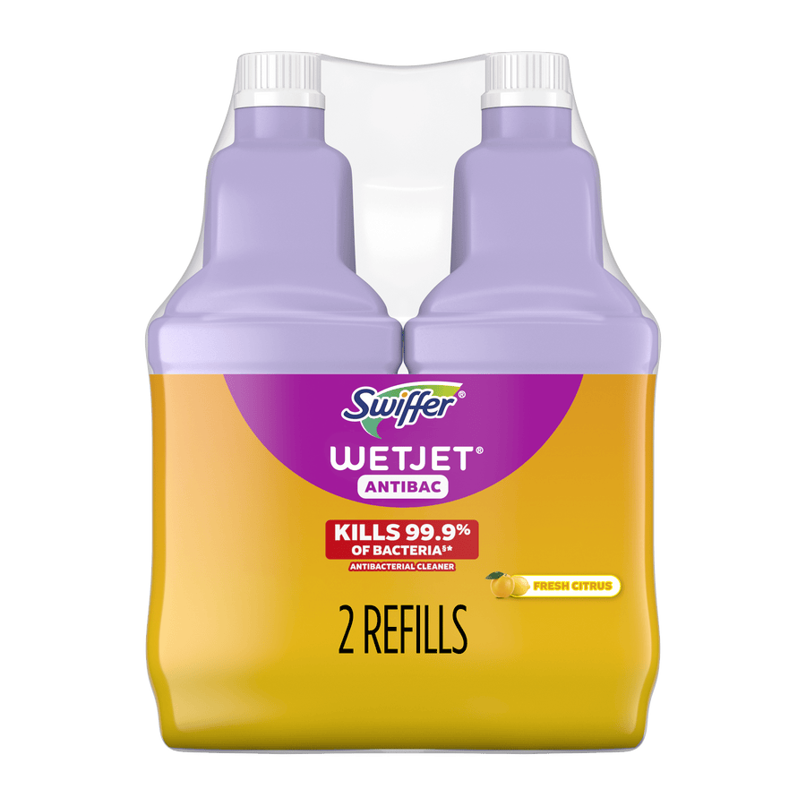 Front view of two lavender Swiffer WetJet Antibac refill bottles in yellow-orange packaging labeled '2 refills' and fresh citrus.