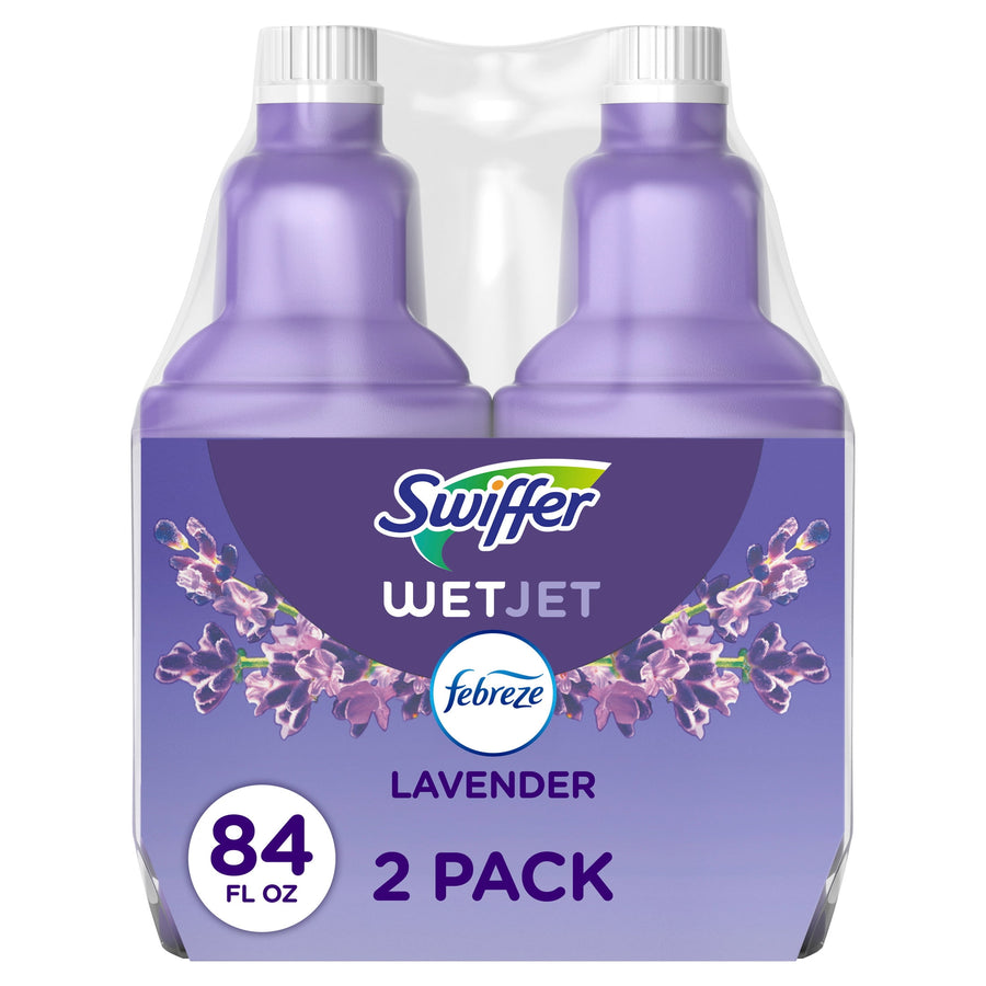 Front-facing packaged two-bottle pack of Swiffer WetJet lavender floor cleaning solution with purple label and lavender graphics.