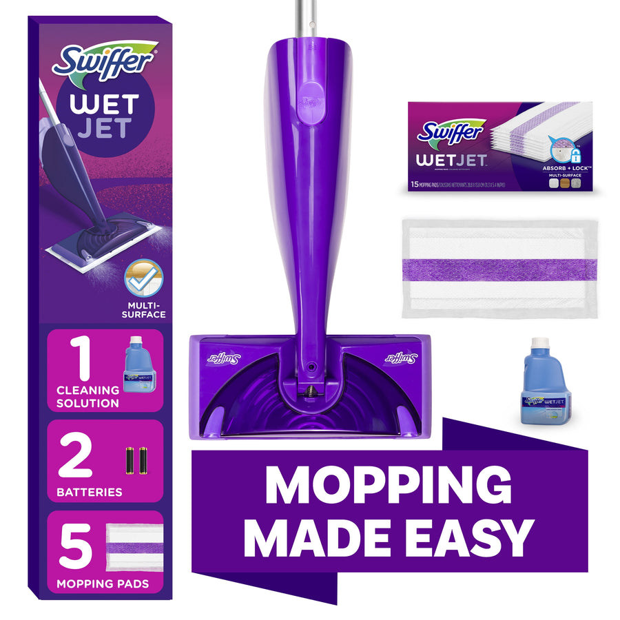 Top-down product layout showing a purple Swiffer WetJet mop head, pad, solution bottle and packaging with 'Mopping Made Easy' text.