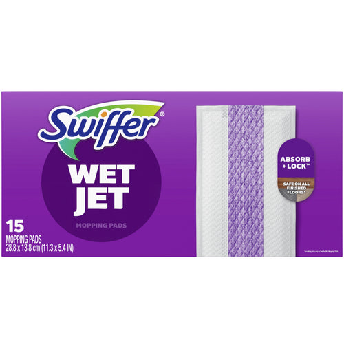 Swiffer WetJet package close-up showing a single white-and-purple mopping pad and brand logo