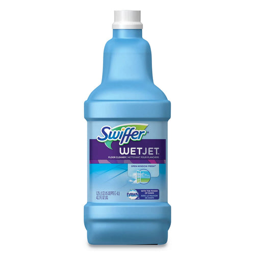 Blue Swiffer WetJet refill bottle with label showing WetJet logo and Open Window Fresh