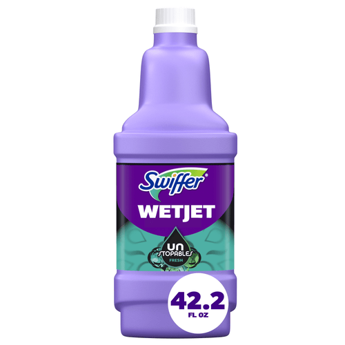 Front-facing purple Swiffer WetJet refill bottle with Unstopables label and volume badge