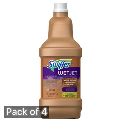 Swiffer WetJet wood floor cleaning solution bottle with wood-edition label and purple branding