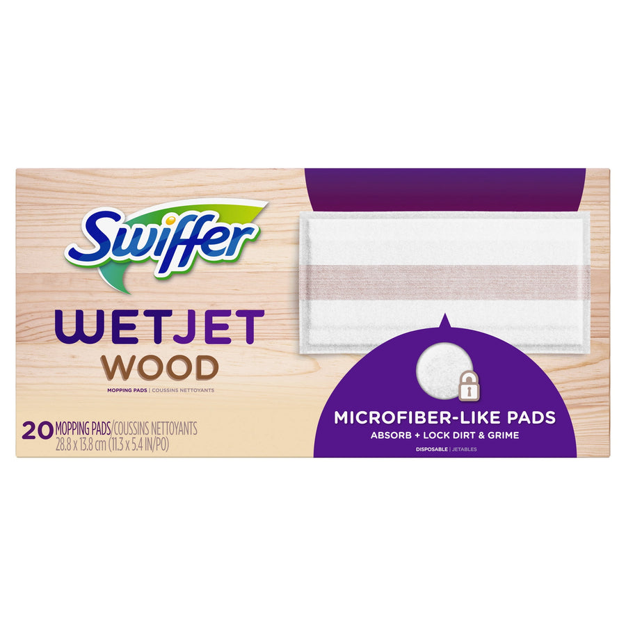 Box of Swiffer WetJet Wood microfiber-like mopping pads on a wood-grain background, front packaging view