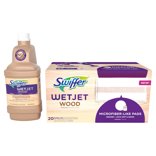 Box of Swiffer WetJet Wood microfiber-like pads beside a bottle of Swiffer WetJet Wood floor solution on white background
