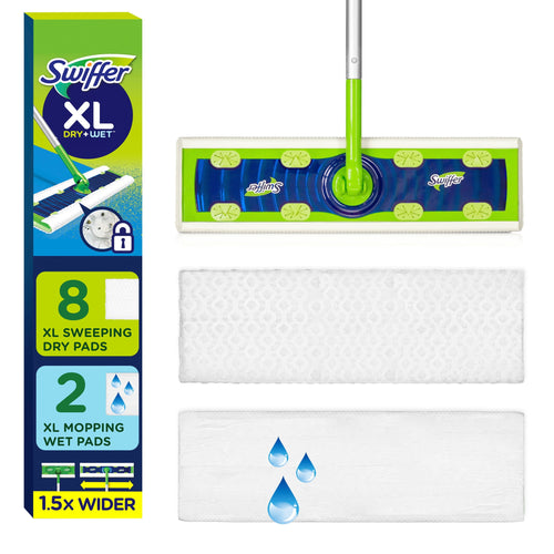 Swiffer XL mop head and handle shown with two rectangular cloth pads and packaging panel listing dry and wet pad counts.