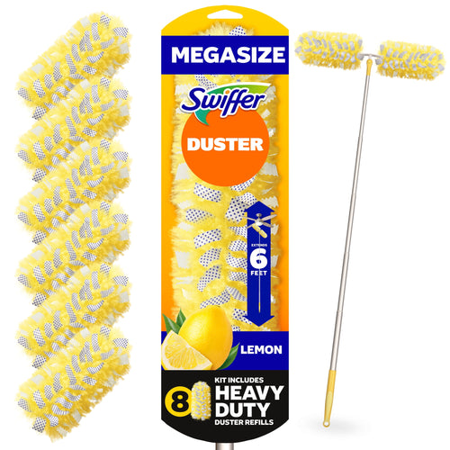 Packaged Swiffer heavy-duty yellow lemon duster refill strip with separate extendable handle shown