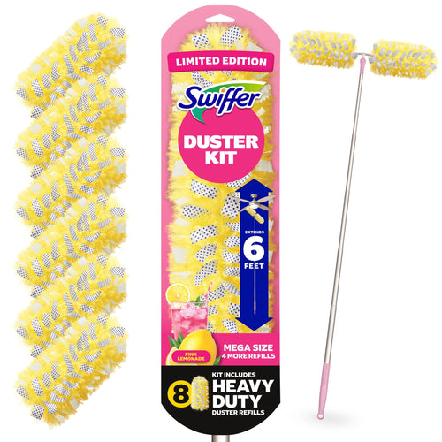 Swiffer yellow heavy-duty duster refills and pink extendable handle shown with packaging labeled limited edition