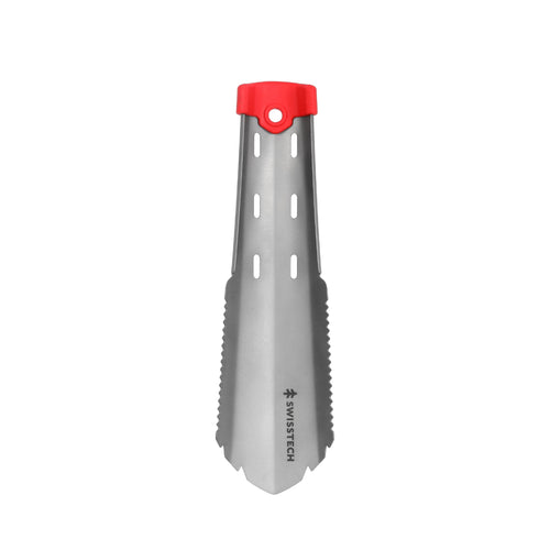 SwissTech titanium camping trowel blade with red end cap shown upright on a white background