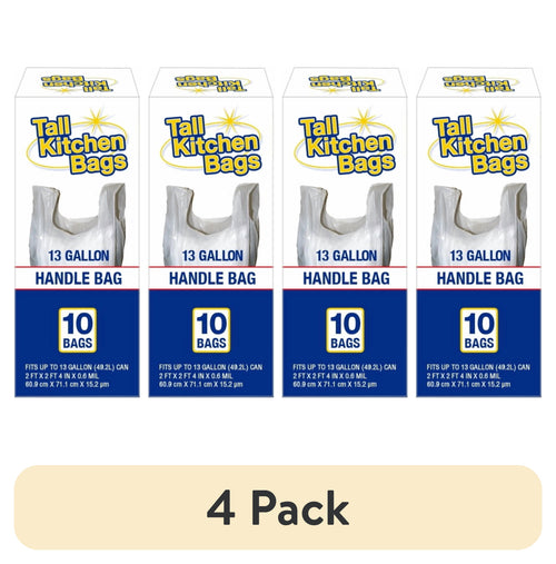 Four boxed Tall Kitchen Bags packages showing 13 gallon handle bag artwork and a '4 Pack' banner