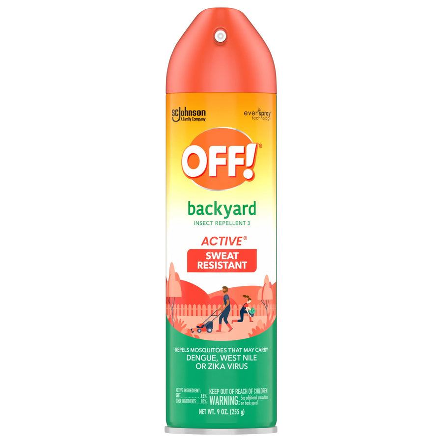 Tall product shot of OFF! Backyard Active sweat-resistant insect repellent aerosol can showing brand label