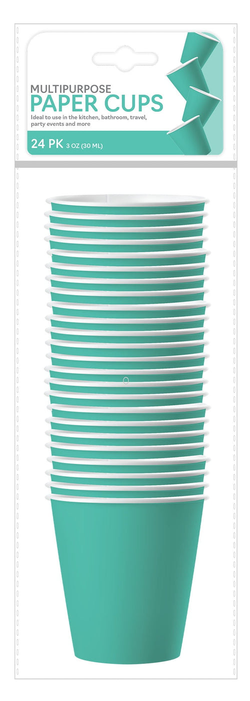 Stack of teal disposable paper cups in clear retail blister pack with header reading 'Multipurpose Paper Cups'