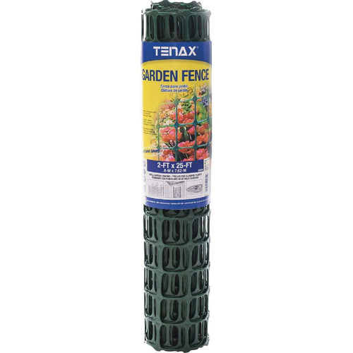 Rolled Tenax green plastic garden fence in original labeled packaging showing product branding