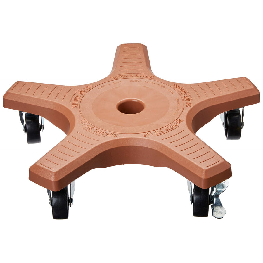 Five-point terracotta plant caddy with central hole and swivel casters, shown on white background