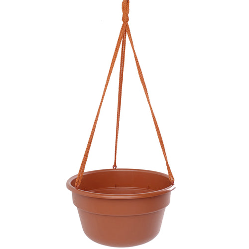 Terracotta-colored plastic hanging planter with braided macrame cord on white background