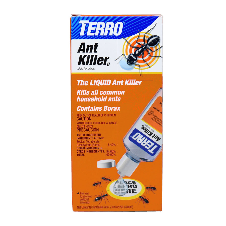 Front view of TERRO Ant Killer orange box showing product name, ant graphic and usage text