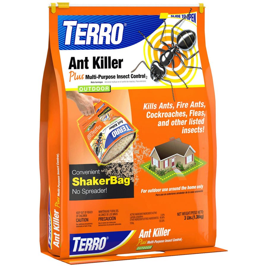 Orange TERRO Ant Killer ShakerBag package displayed upright showing brand, ant graphic, and product callouts