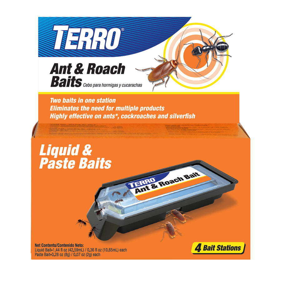 TERRO Ant & Roach Baits retail box showing a bait station with ants and roaches on an orange background