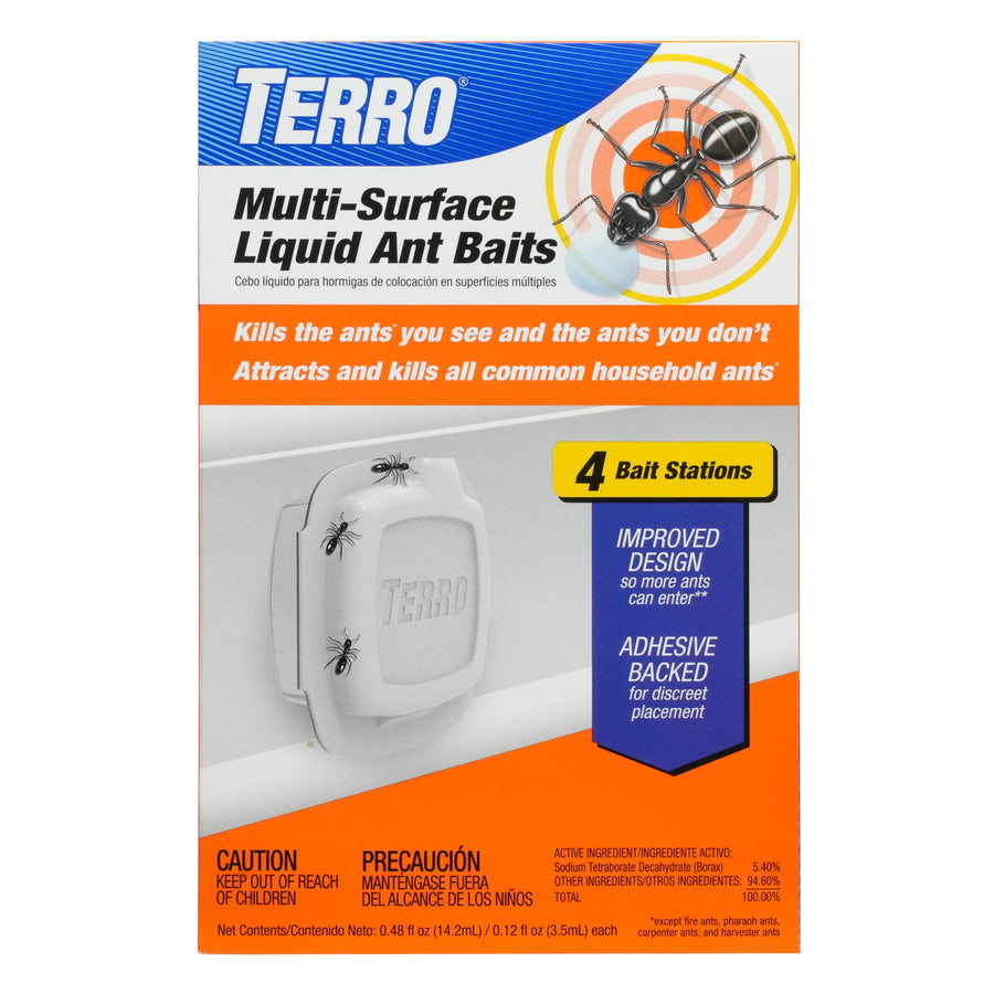 TERRO branded retail box for multi-surface liquid ant baits showing product image, ants illustration, and '4 bait stations' callout.