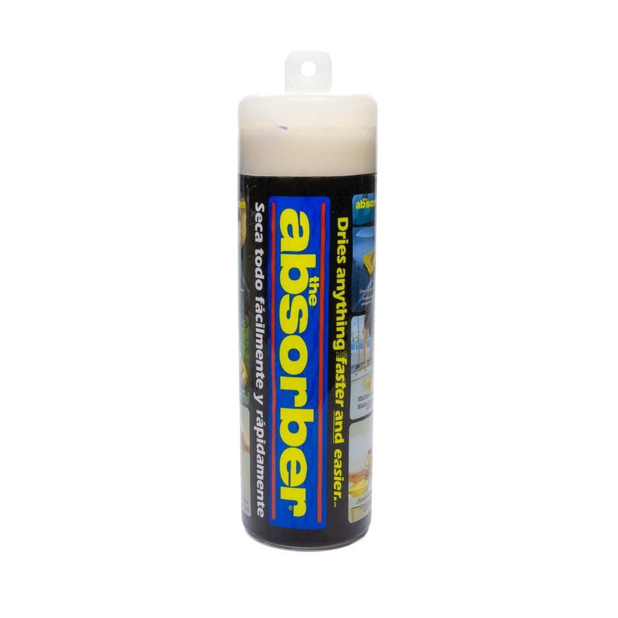 Cylindrical retail tube of The Absorber drying towel with black label and hang tab