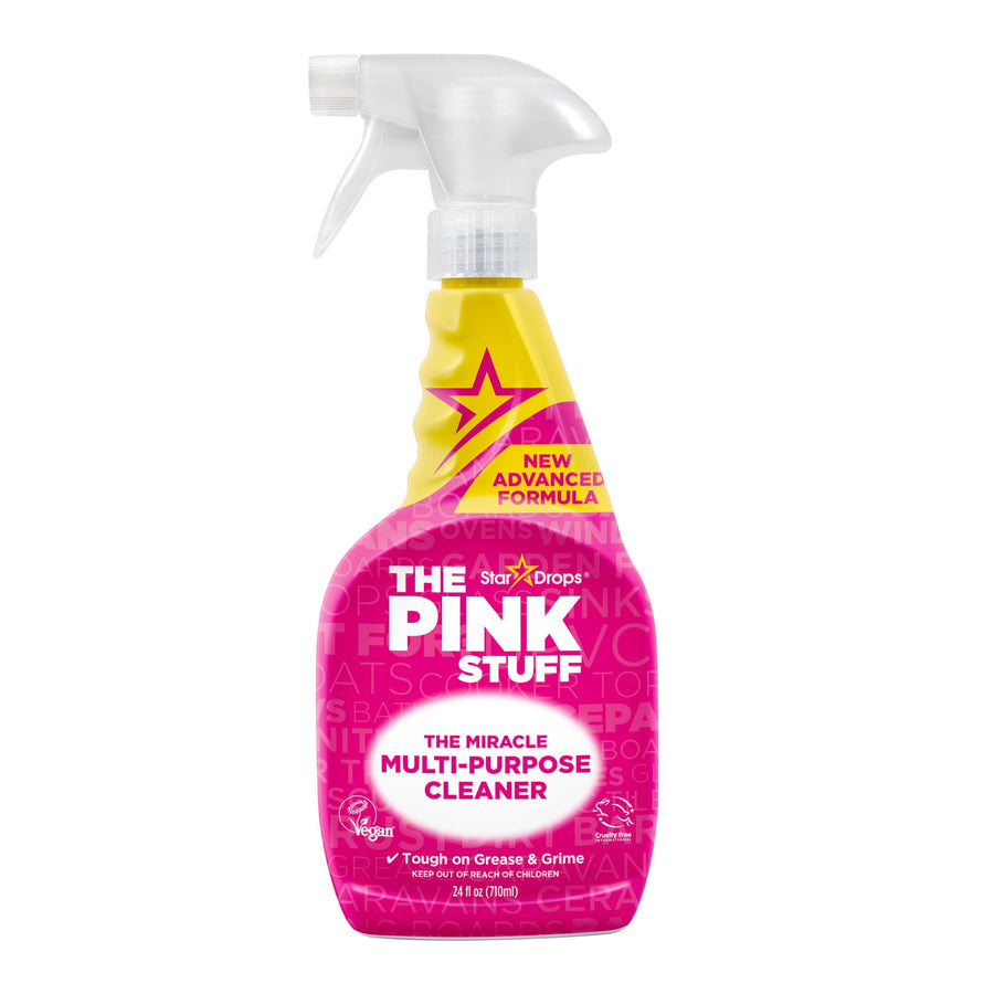 Bright pink and yellow spray bottle of The Pink Stuff Miracle Multi-Purpose Cleaner shown on white background