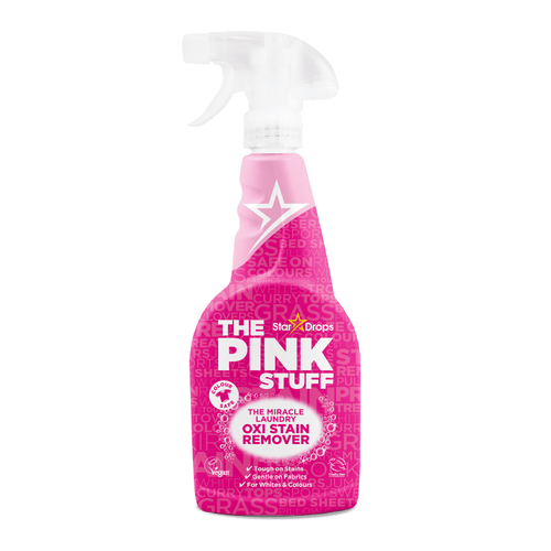 Front-facing pink spray bottle of The Pink Stuff Oxi Stain Remover on white background, clear trigger top visible