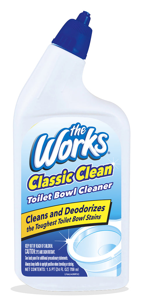 White plastic bottle of The Works Classic Clean toilet bowl cleaner showing full front label and blue angled nozzle