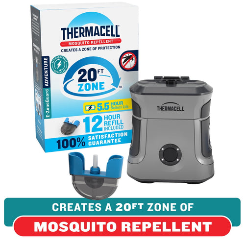 Thermacell E-ZoneGuard device and refill pod shown with product box and graphic banner claiming a 20 ft protection zone.