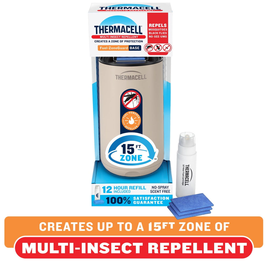 Thermacell Fuel-ZoneGuard base repeller in beige packaging with refill bottle and three blue repellent mats displayed