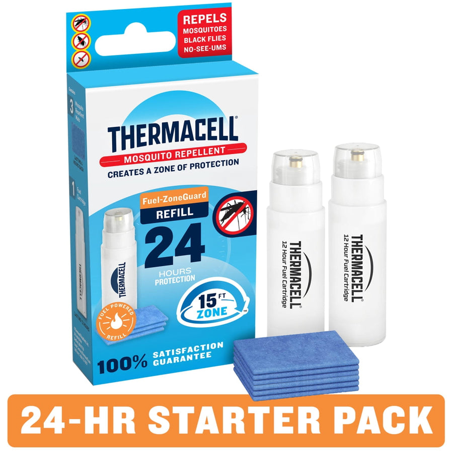Thermacell refill starter pack box with two white fuel cartridges and blue repellent mats on white background