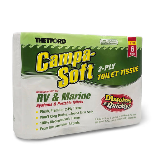 Packaged Thetford Campa-Soft 2-ply RV & marine toilet tissue with green and white branded wrap and 'Dissolves Quickly' emblem.