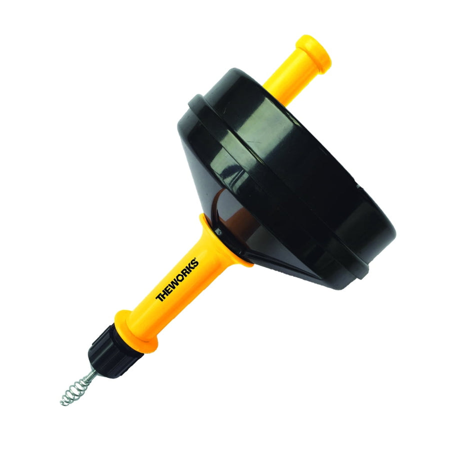 Yellow and black handheld drain snake with coil tip and THEWORKS branding on handle