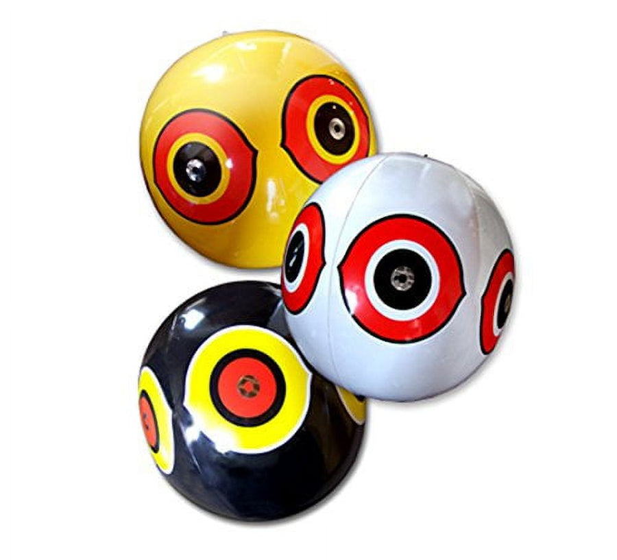 Three deflated round scare-eye balloons in black, white and yellow with concentric red and yellow eye graphics.