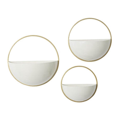 Three round white metal wall planters with gold circular frames shown on a white background
