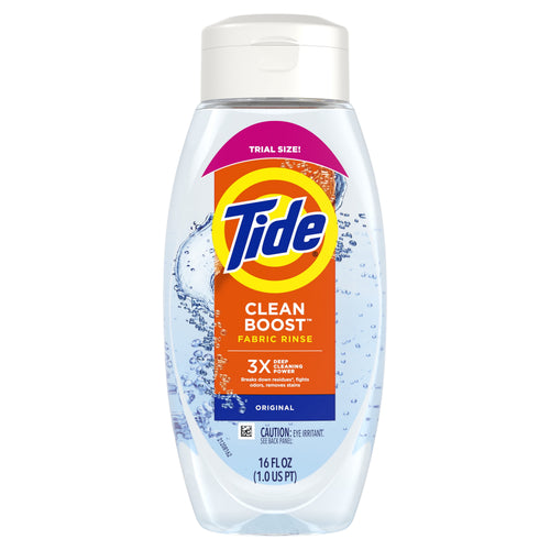 Front-facing clear bottle of Tide Clean Boost fabric rinse with visible label, pink 'Trial Size' banner and water splash graphics on the bottle.