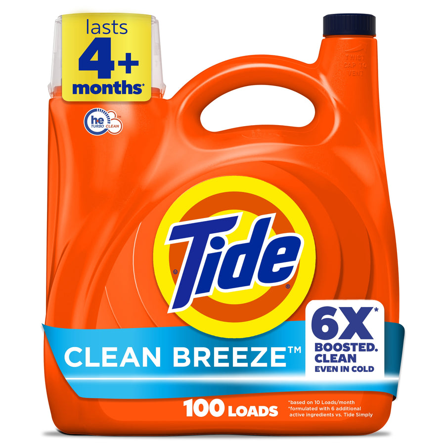 Front-facing orange Tide jug labeled Clean Breeze with prominent Tide logo and 6X badge